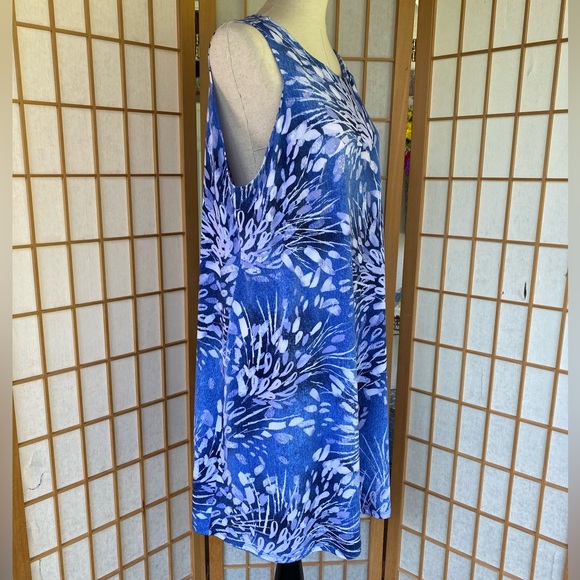 Clara Sun Woo Midi Stretch Knit Sleeveless Blue Print Swing Shift Dress SZ 1X - Picture 4 of 13